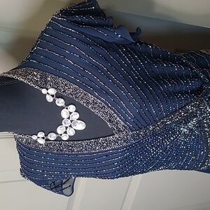 NWOT JKARA Beaded Sequin Elegant Navy Blue Evening Maxi Dress Size 6P